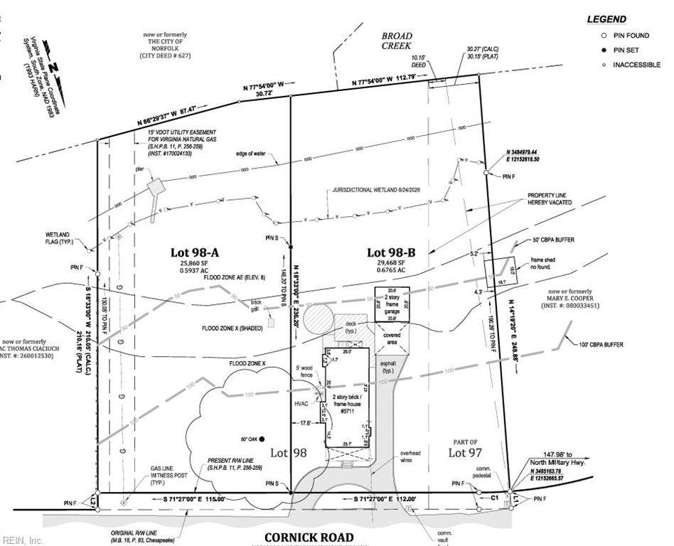 July 2026 survey depicts recent subdivision and lot sizes for Lot 98-A (5715) and Lot 98-B (5711; oak tree and round platform help estimate boundary.