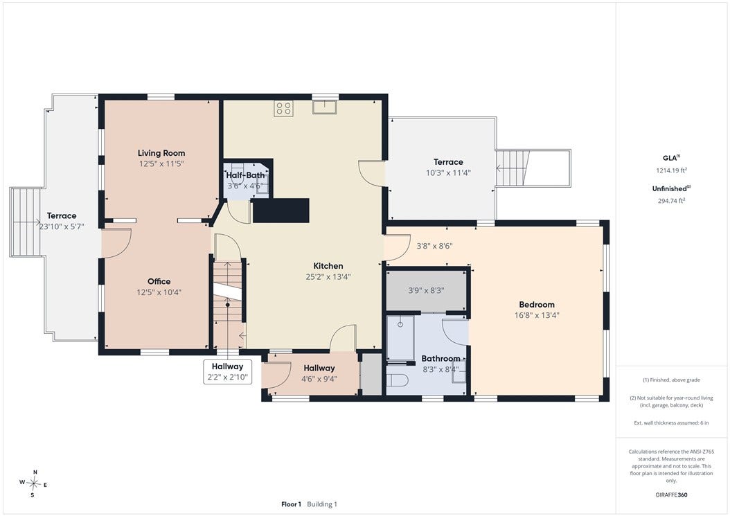 36 Bellevue Avenue, North Smithfield, RI 02896 First-floor layout of 36 Bellevue Avenue in North Smithfield, RI, showing the living room, office, kitchen, half bath, primary bedroom, en suite bath, hallway, and exterior terrace areas.