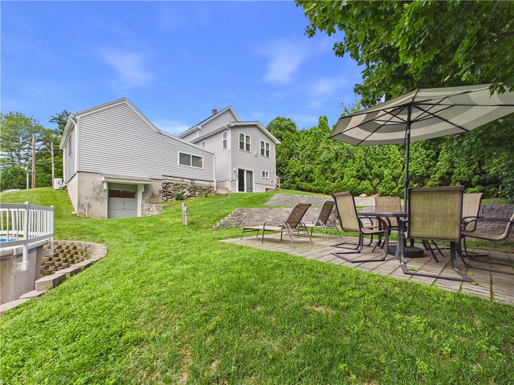 36 Bellevue Avenue, North Smithfield, RI 02896 Backyard with above-ground pool at this North Smithfield home, situated on an approximately 14,941-square-foot lot.