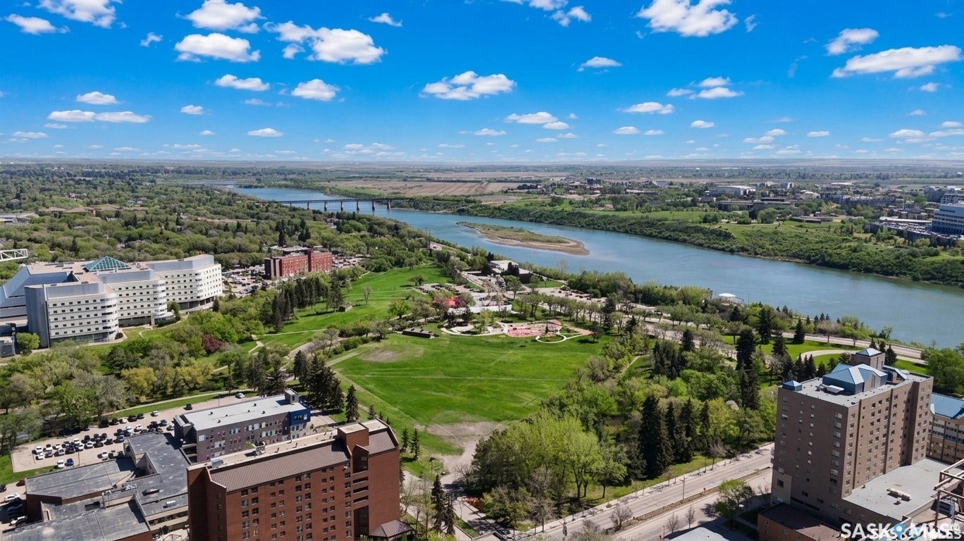 Expansive aerial perspective featuring a prominent river, lush green spaces, and multiple high-rise structures