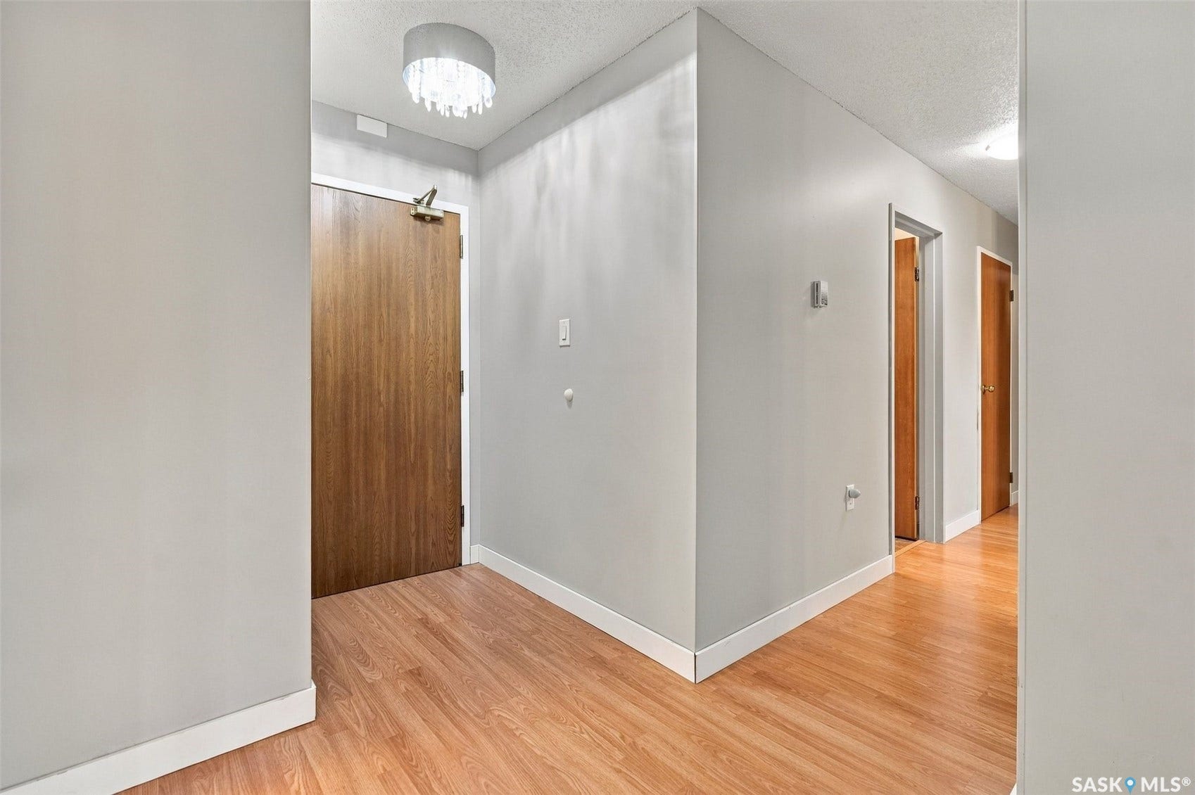 3410 Park Street, #119, Regina SK S4V 2M8 Wood-finish flooring, light grey painted walls, white trim, and a contemporary ceiling light fixture