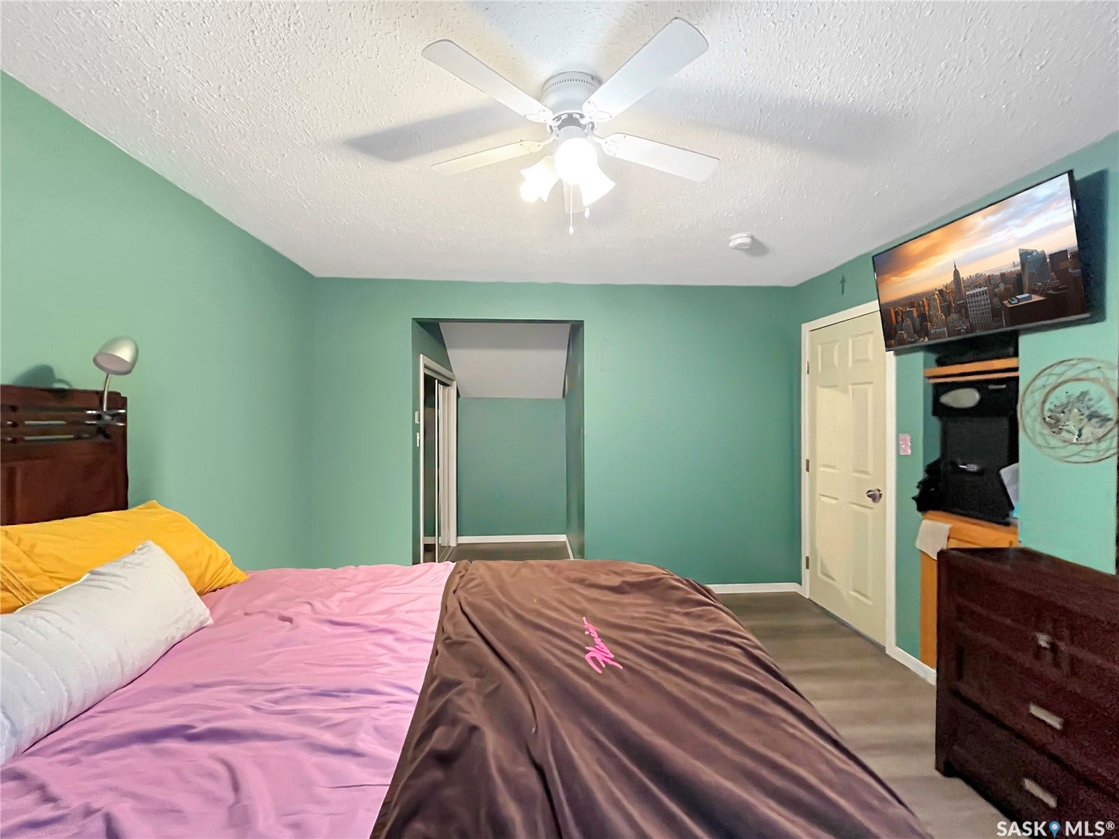 Ceiling fan, wood-finish flooring, interior door, wall-mounted television, recessed alcove