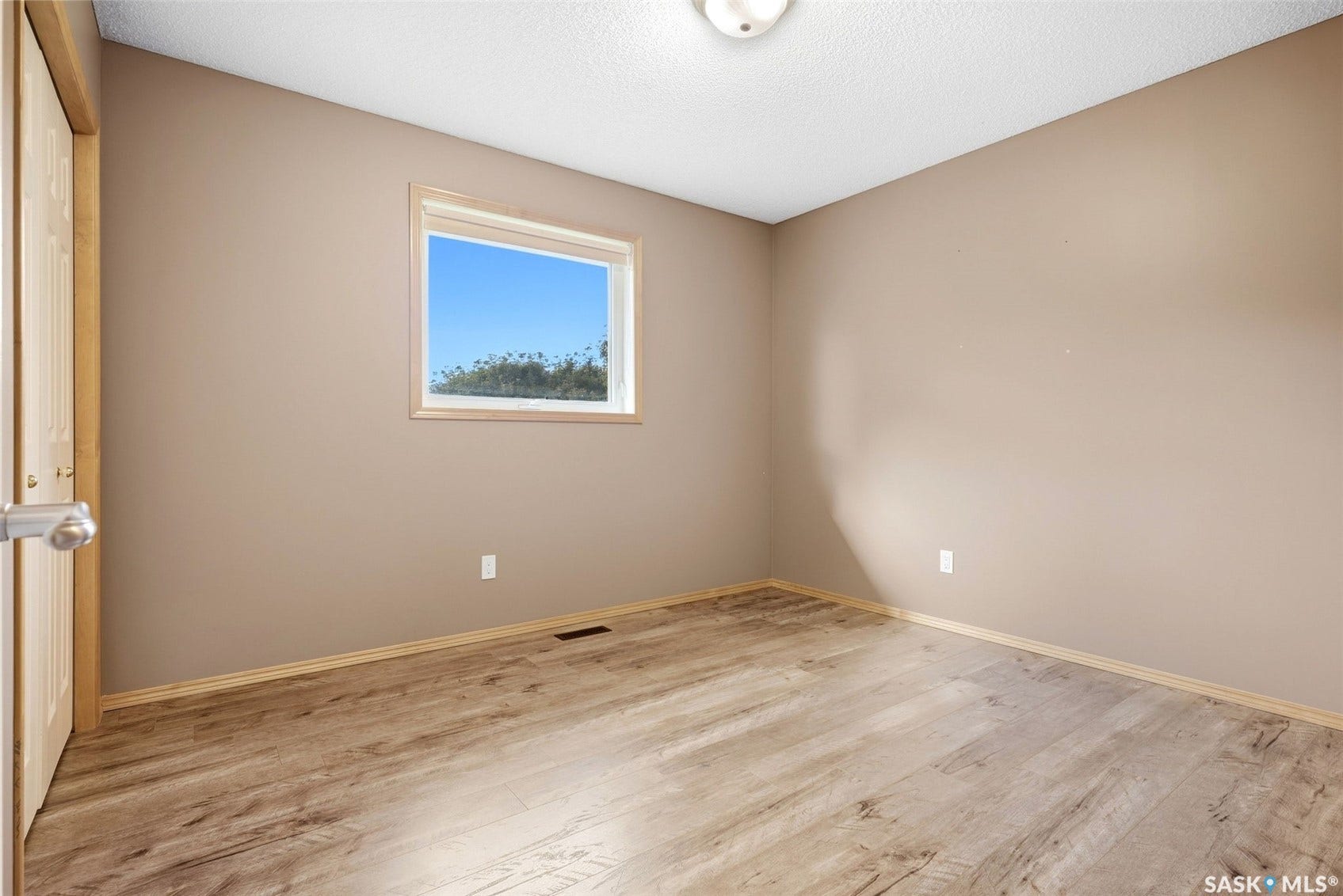 Neutral wall paint, wood-finish flooring, white window frame, wood door, and ceiling light fixture