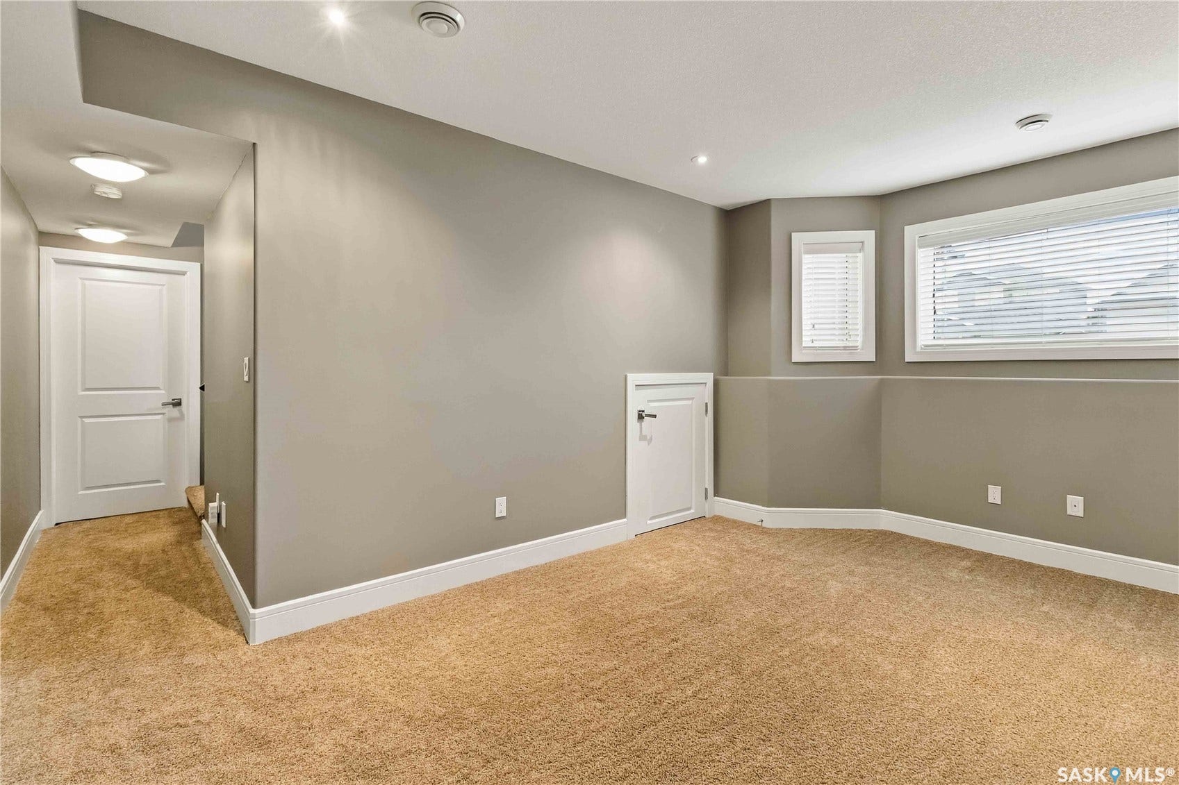 Carpeted room with neutral wall tones, white trim, and multiple windows with blinds