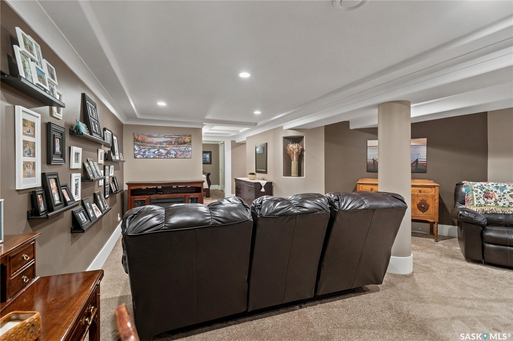 living room in basement