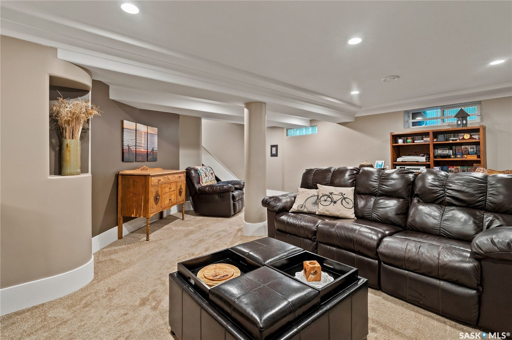 living room in basement