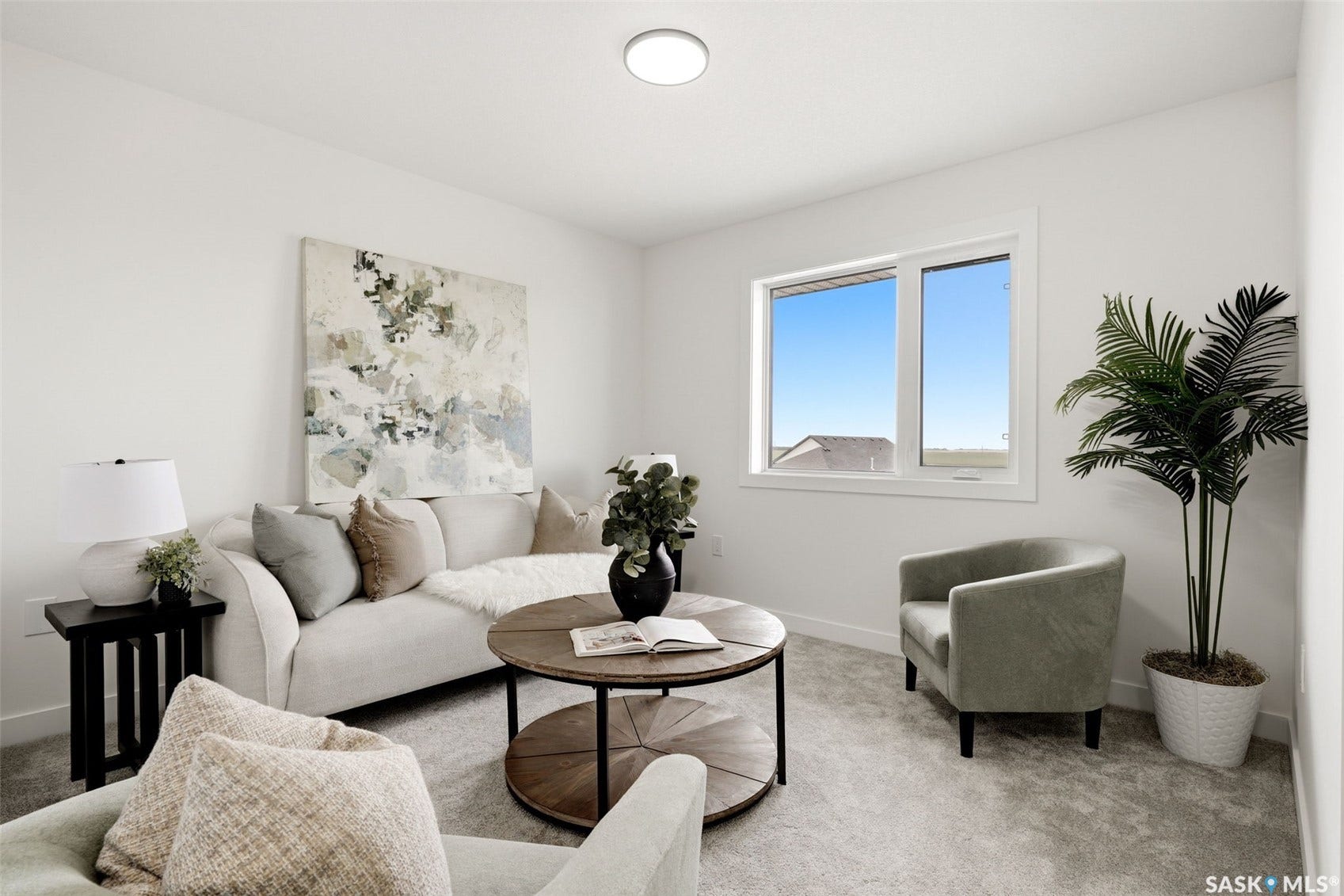 Bright interior with a flush-mount ceiling light, white walls, and a window providing natural illumination