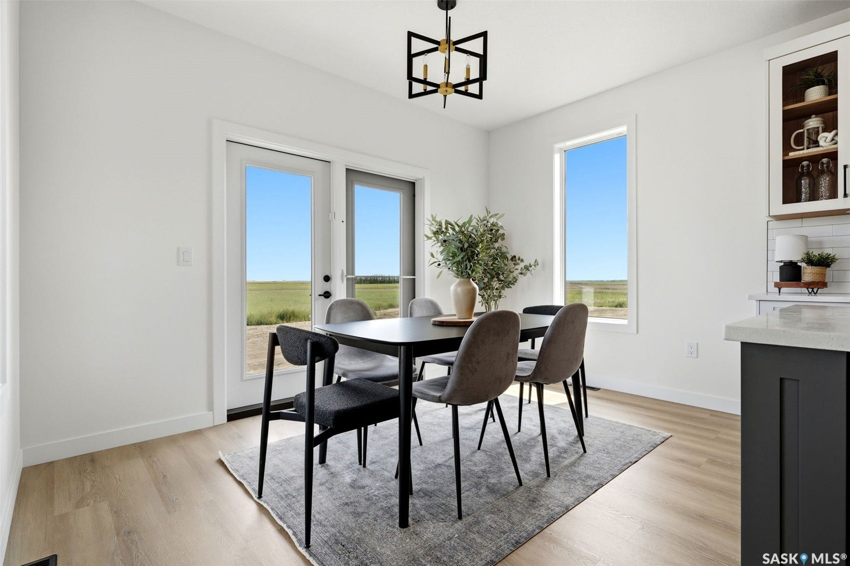 Wood-finish flooring, white walls, and a modern ceiling light fixture
