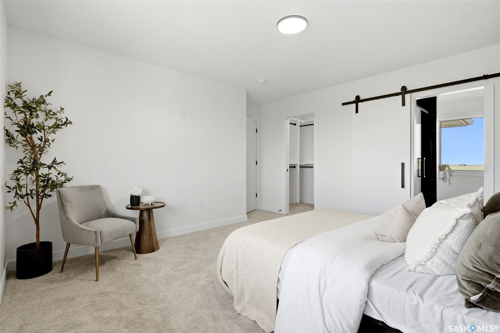 Plush carpet, recessed ceiling light, and built-in closet with shelving