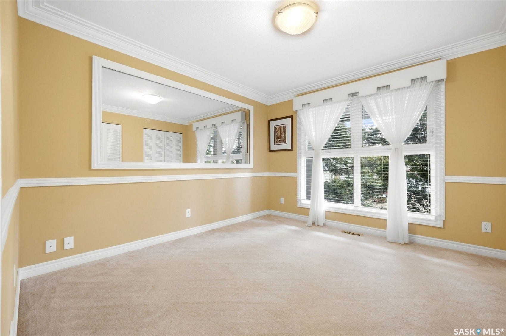 Carpeted flooring, crown molding, chair rail molding, large window, and ceiling-mounted light fixture