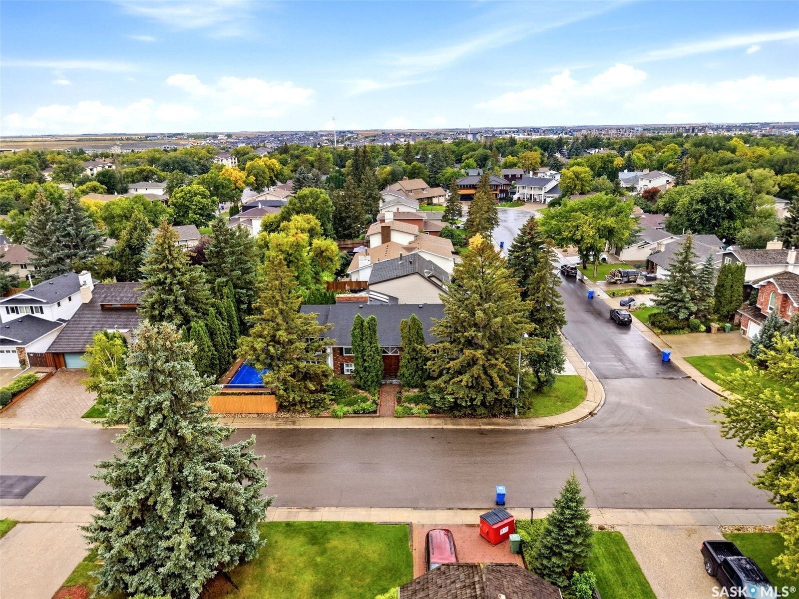 Residential neighborhood with extensive tree coverage and a clear sky