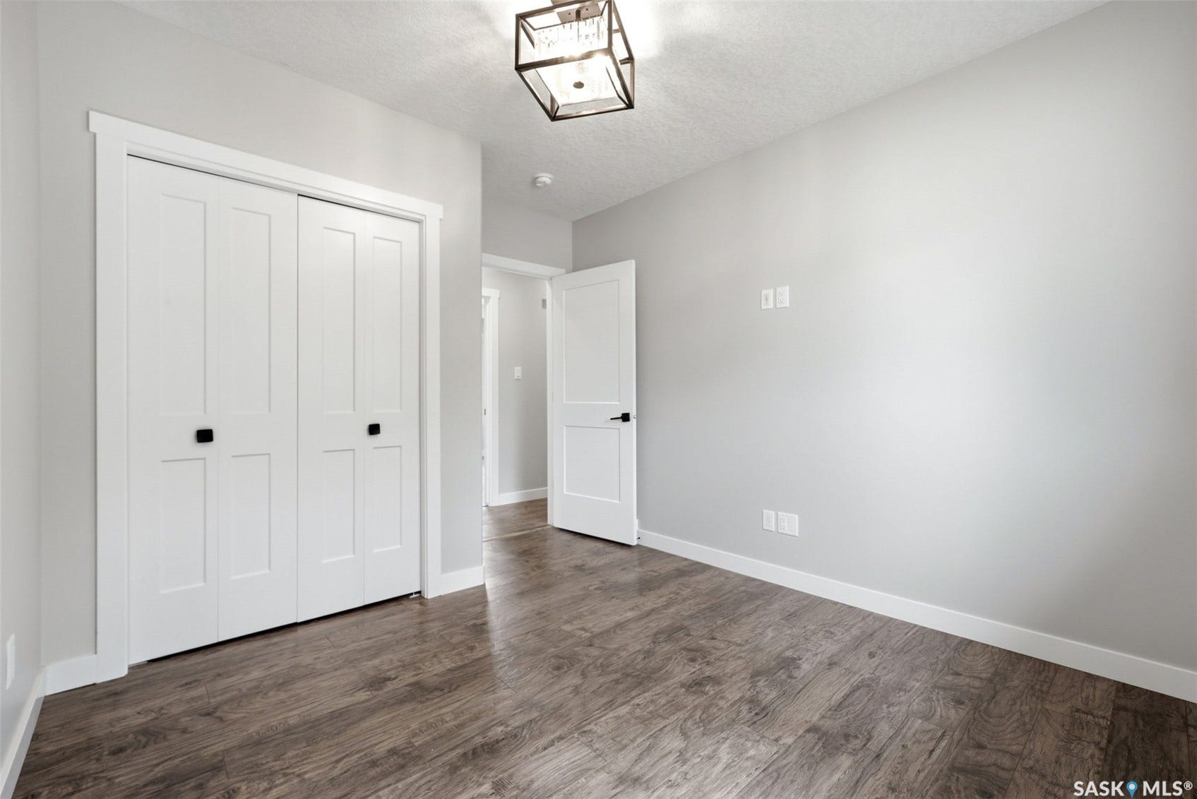 1601 Lacon Street, Regina SK S4N 1Z5 Neutral wall color, wood-finish flooring, white trim, white paneled doors with black hardware, and a modern ceiling light fixture