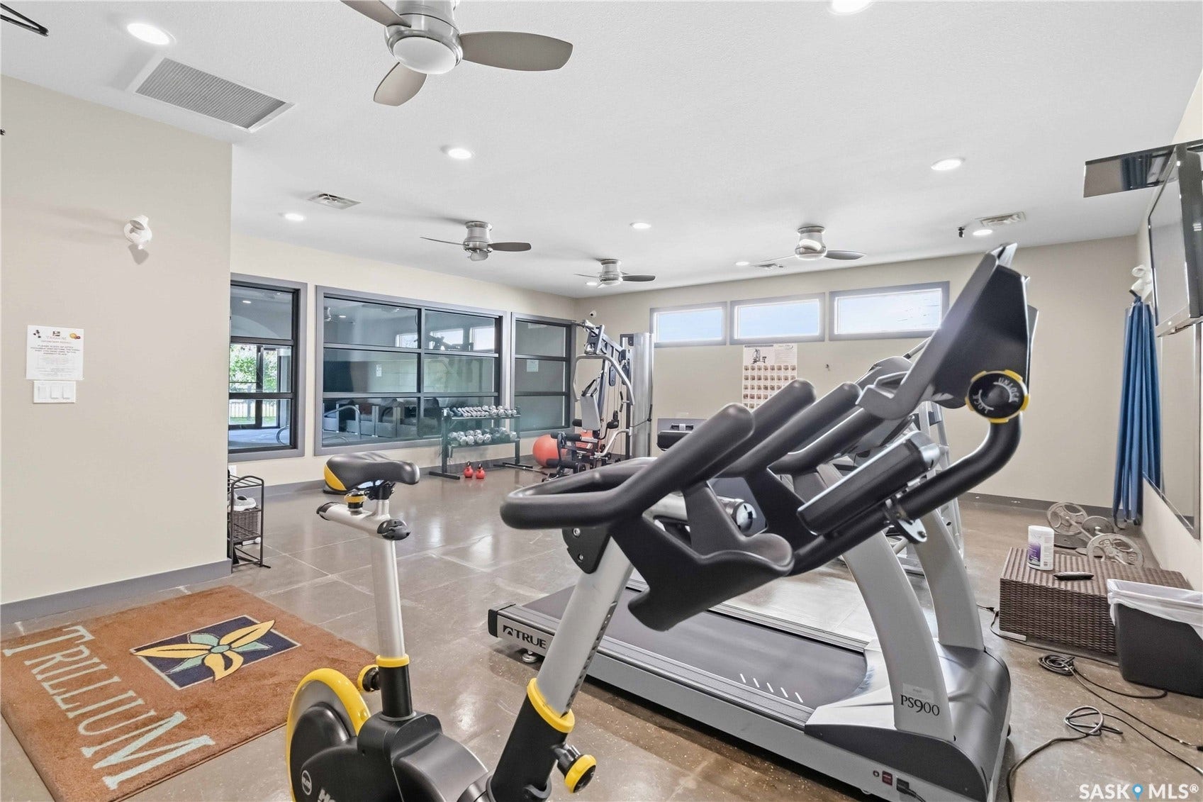 Expansive fitness area with large windows, recessed lighting, and multiple ceiling fans