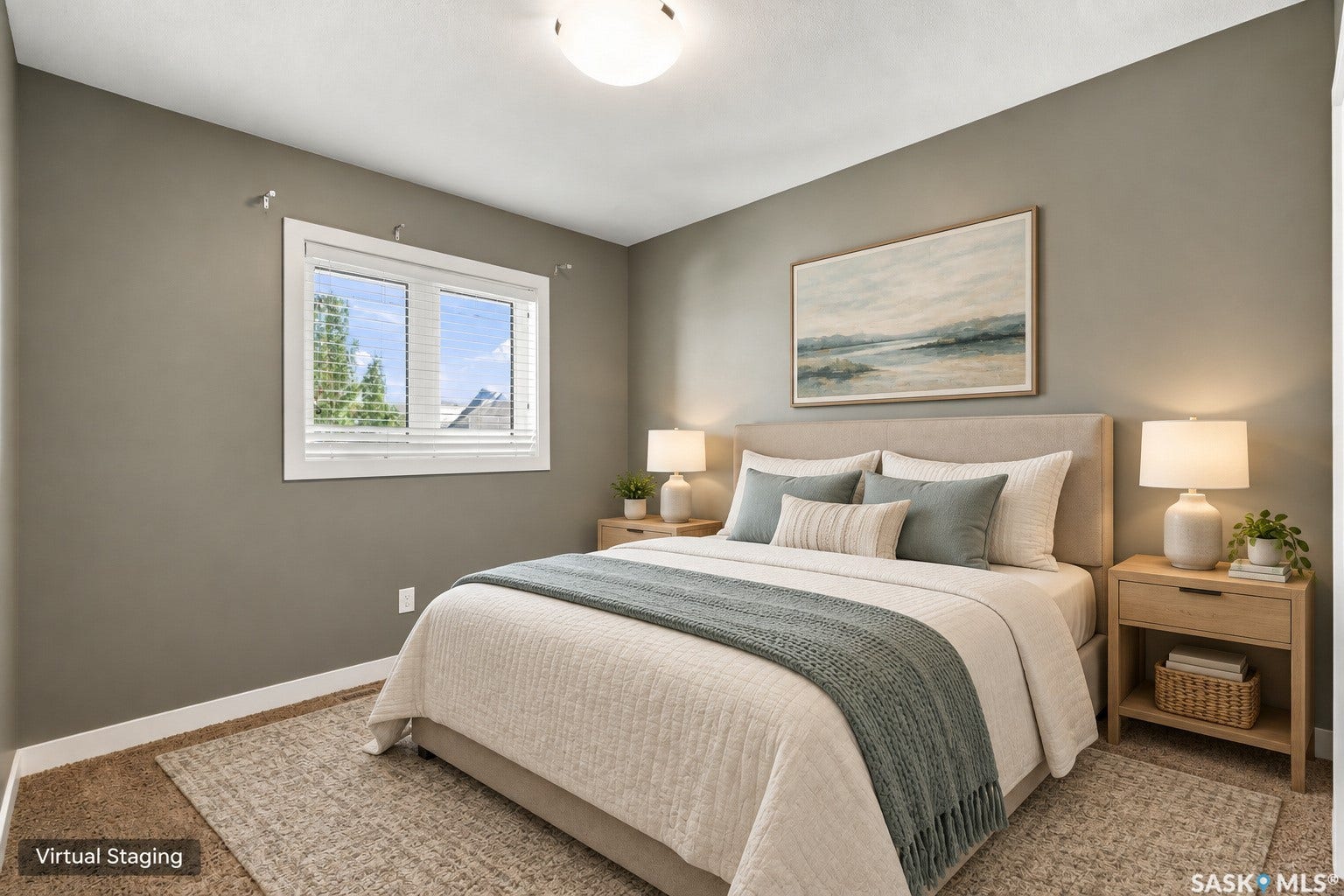 Recessed window with white trim, wall-to-wall carpeting, and a ceiling-mounted light fixture