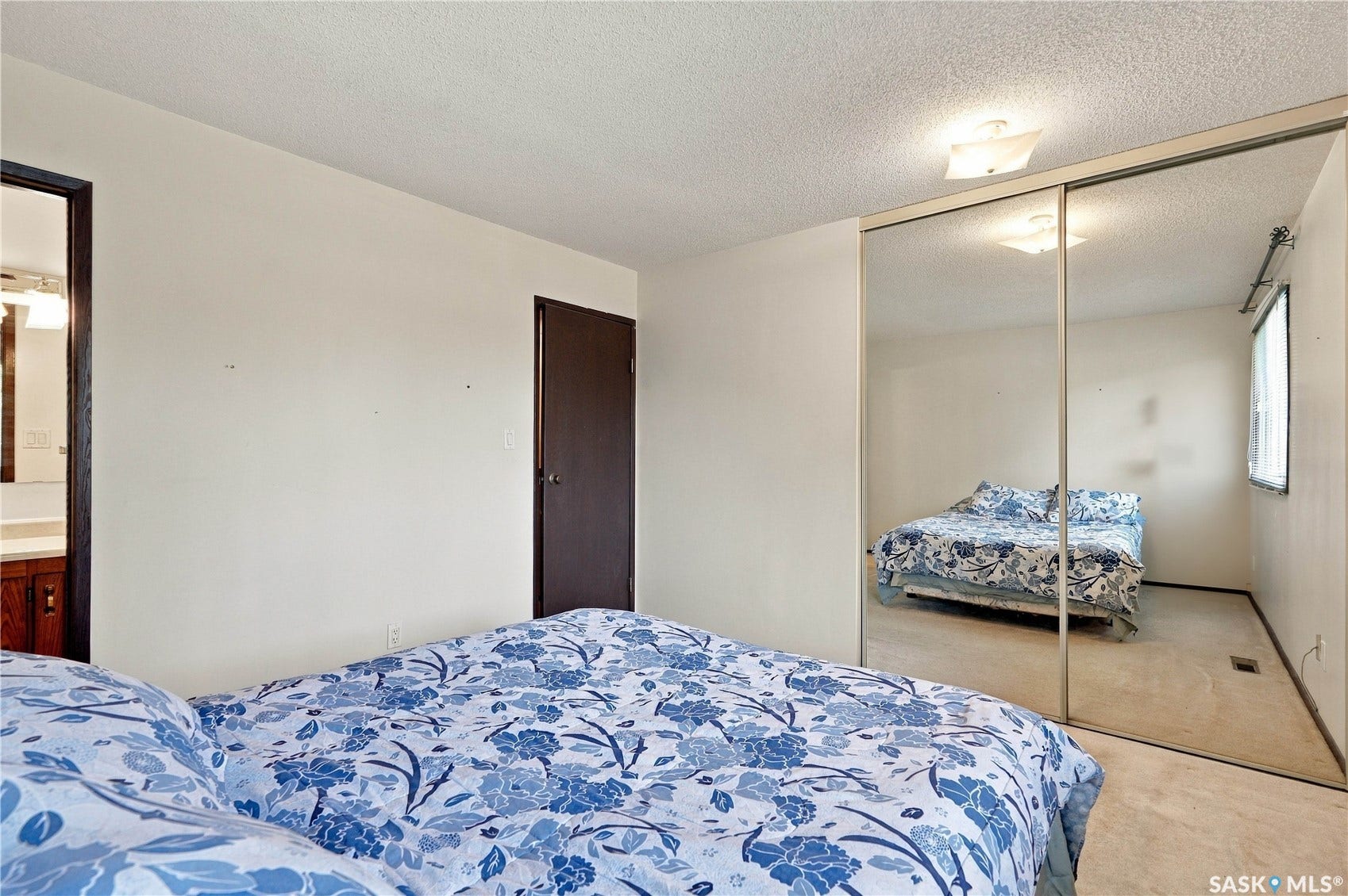 Mirrored closet doors, flush-mount ceiling light fixture, and carpet flooring