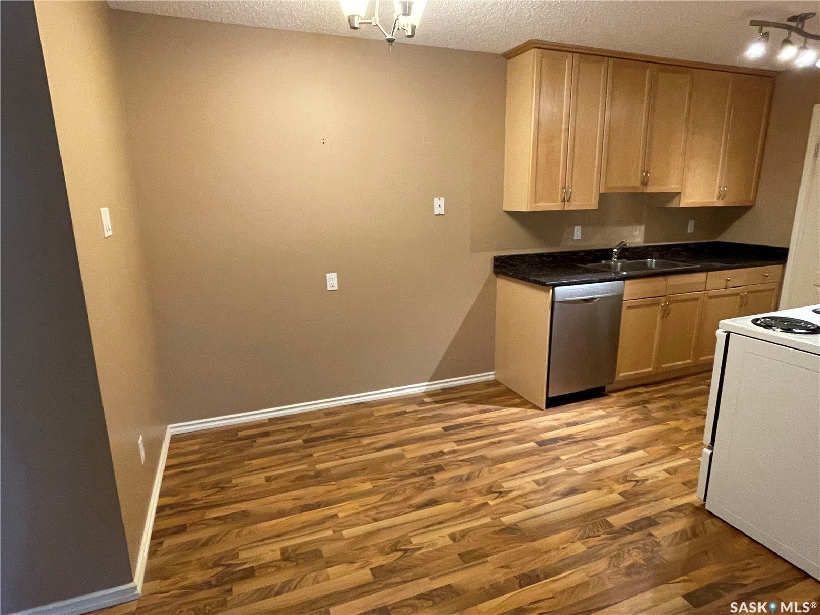 Wood-finish flooring throughout, light wood-tone cabinetry, dark countertops, and stainless steel dishwasher
