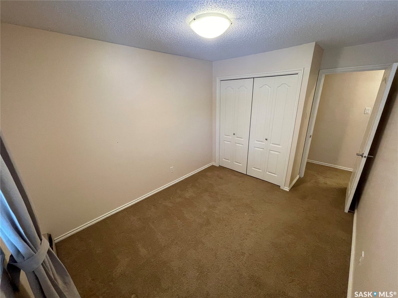 Neutral-toned walls, brown carpeting, and white trim