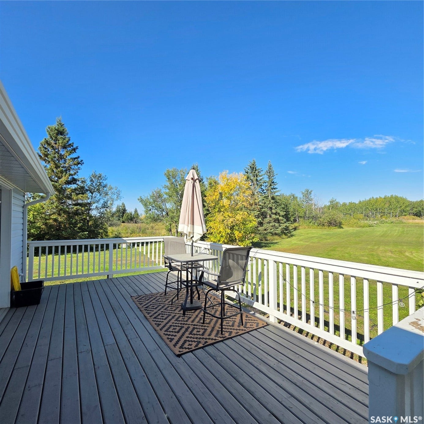 Expansive outdoor deck with a durable gray wood-finish surface and white railings, overlooking a large green field and mature trees