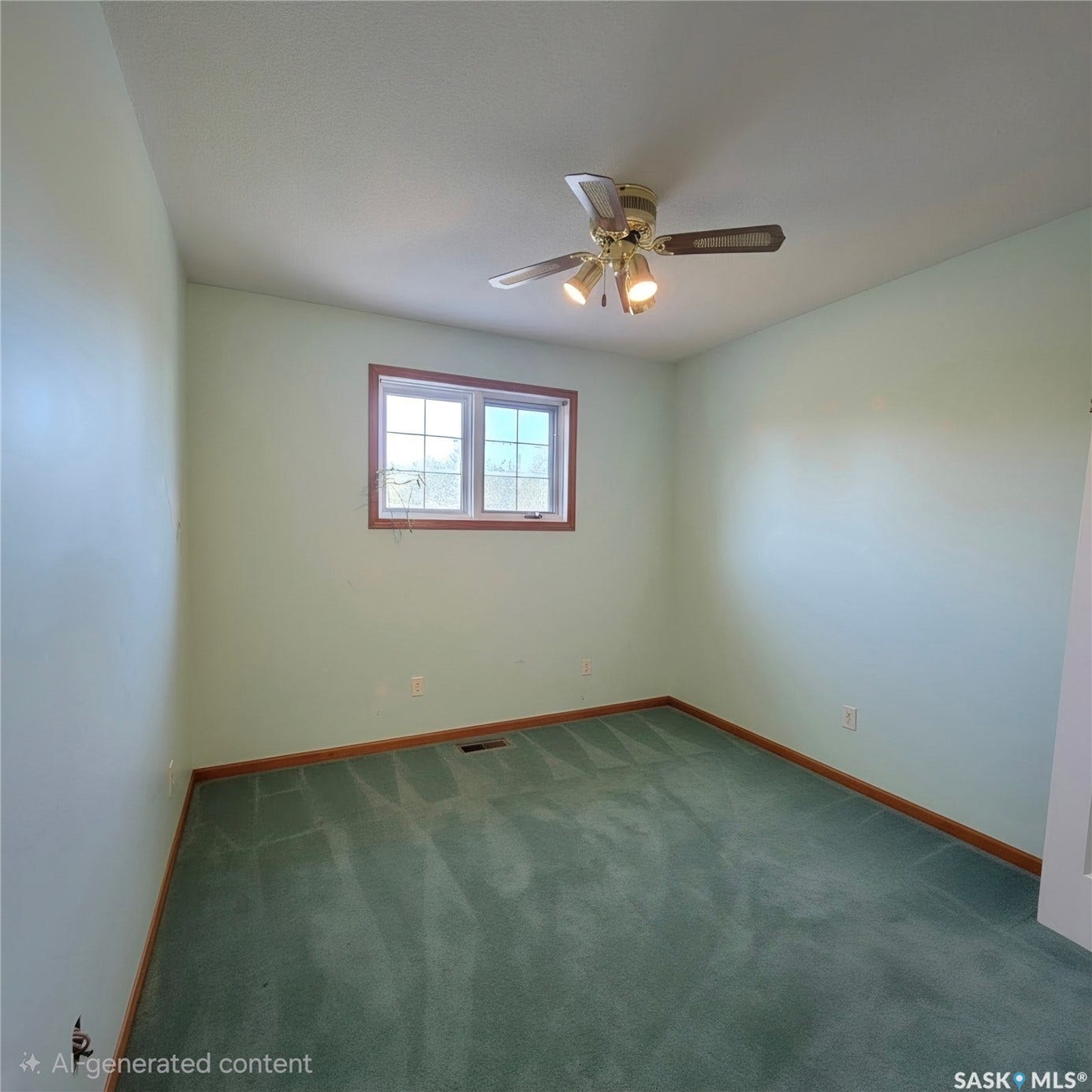 Window with wood trim, ceiling fan with integrated lighting, and wall-to-wall carpeting