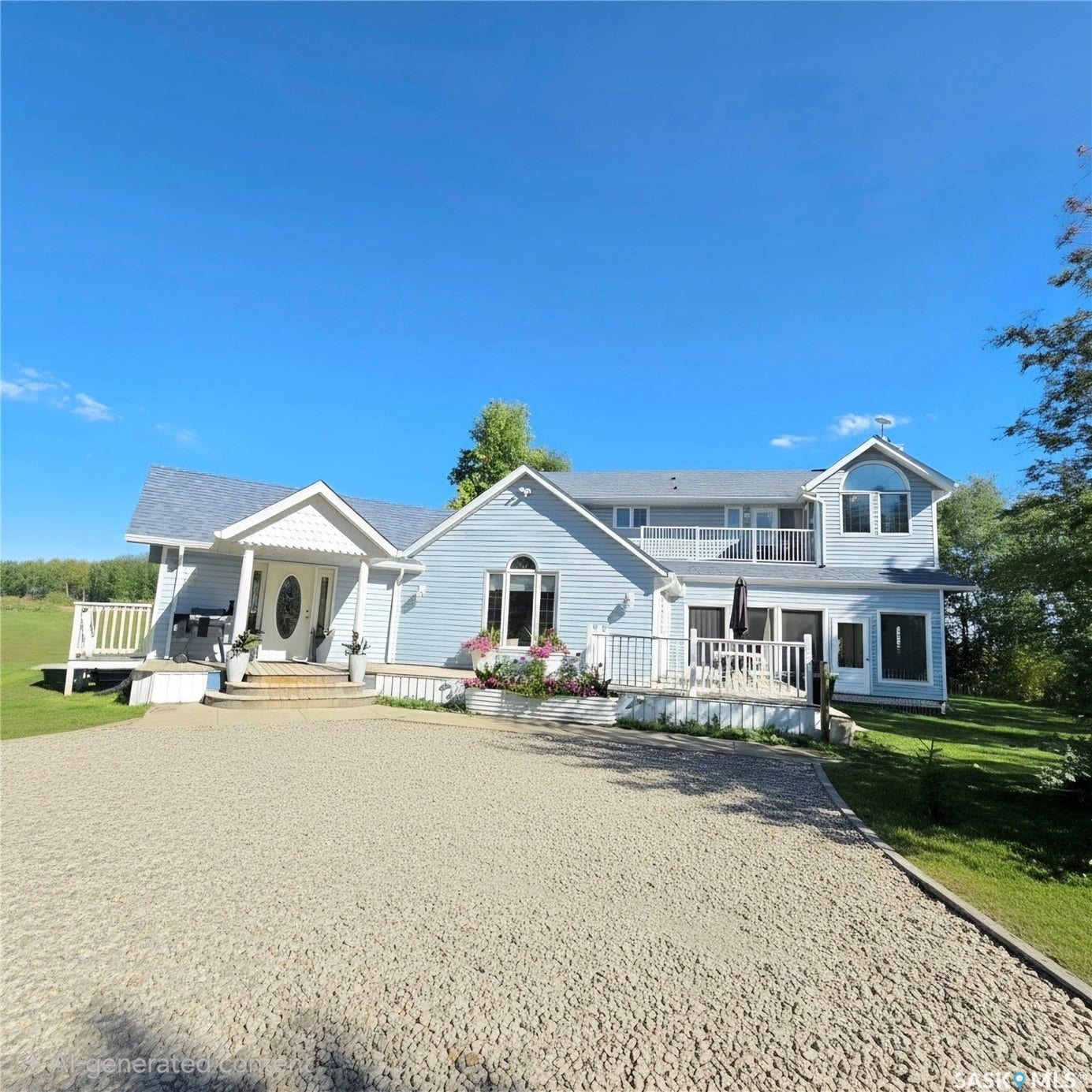 Light blue siding exterior with multiple gables and a gravel driveway