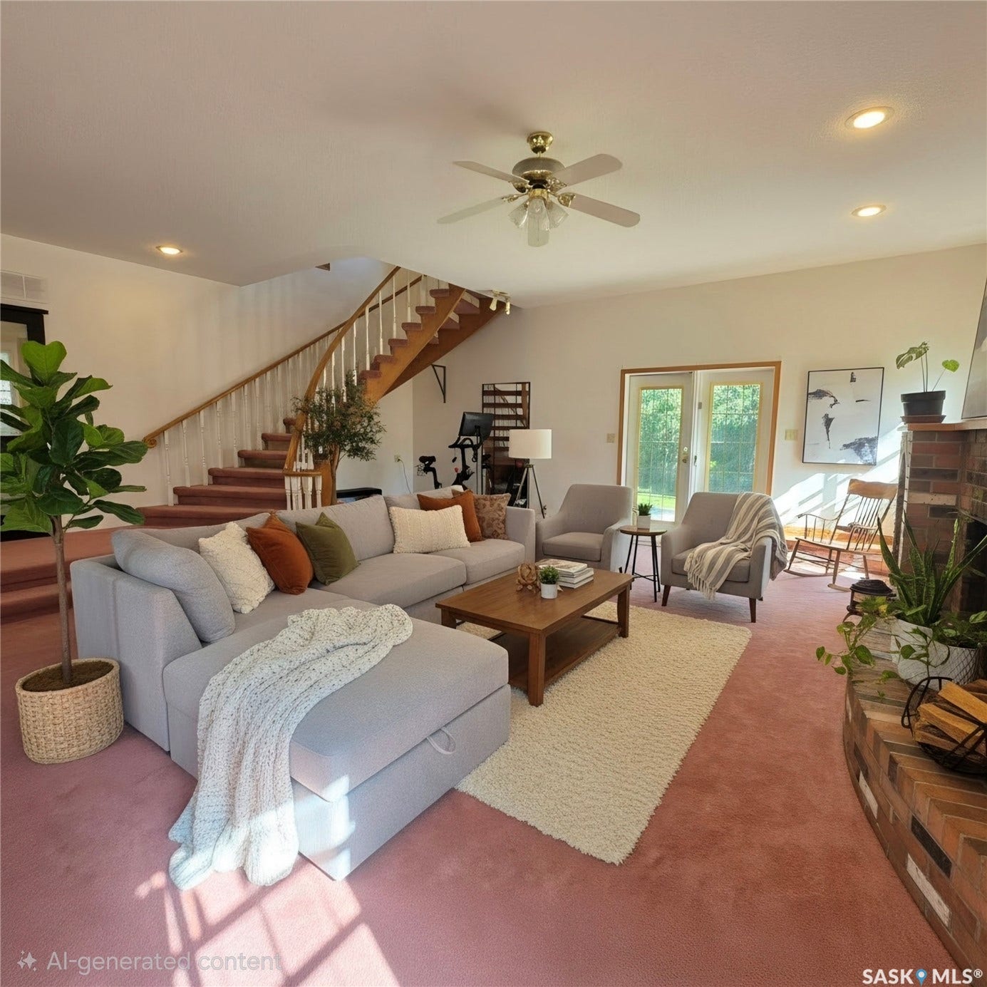 Spacious living area featuring a brick fireplace, a built-in staircase with wood railing, recessed lighting, and double glass-paneled doors