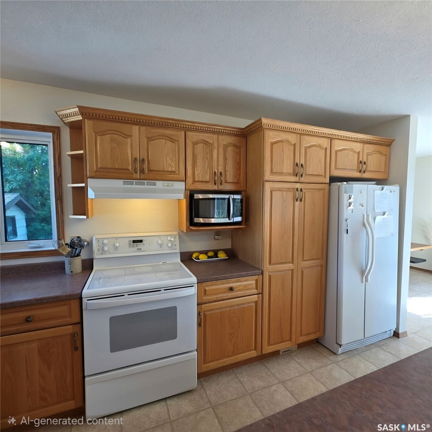 Kitchen featuring wood cabinetry, laminate countertops, tiled flooring, white range, and a microwave