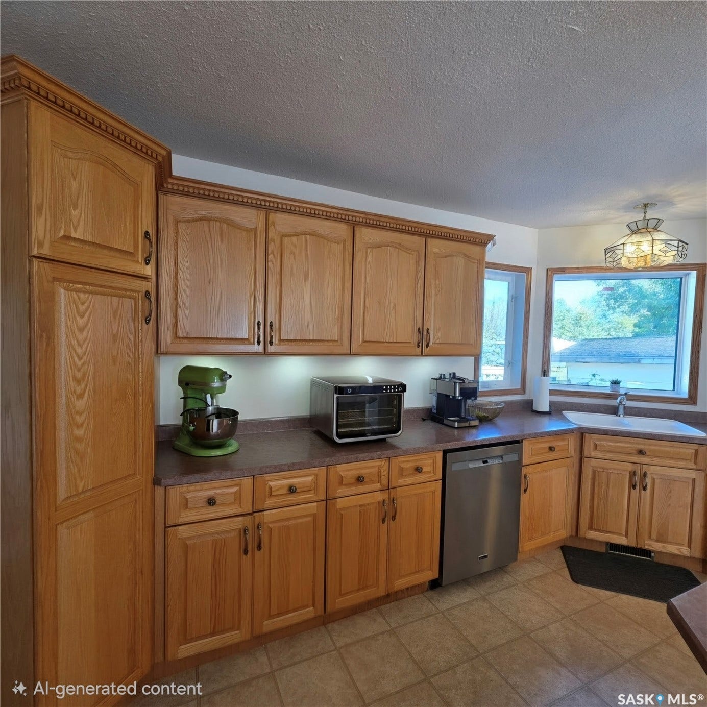 Light wood-finish cabinetry with decorative molding, stainless steel dishwasher, corner sink, and tiled flooring