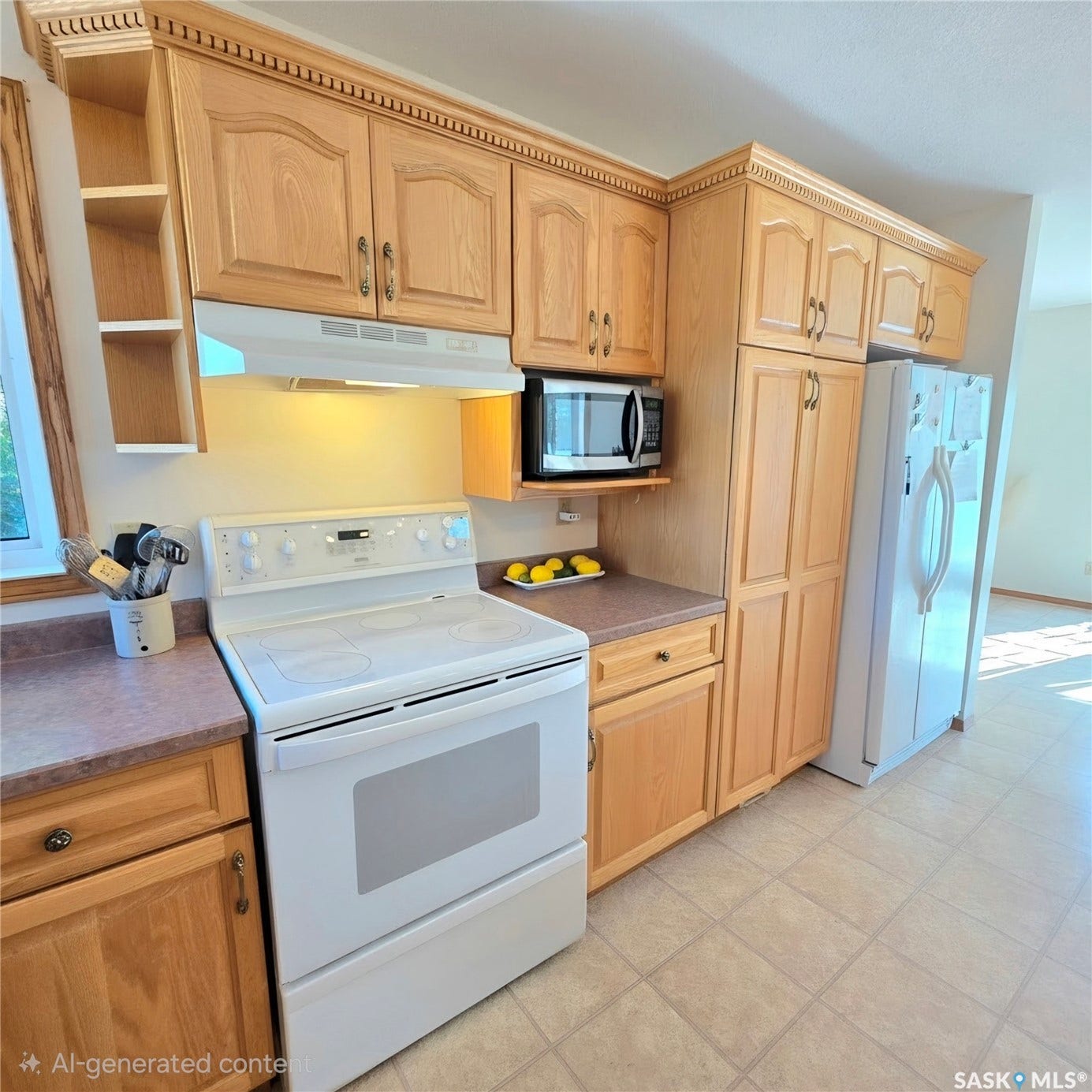 Wood-finish cabinetry with crown molding, integrated microwave, white range, and a full-size refrigerator