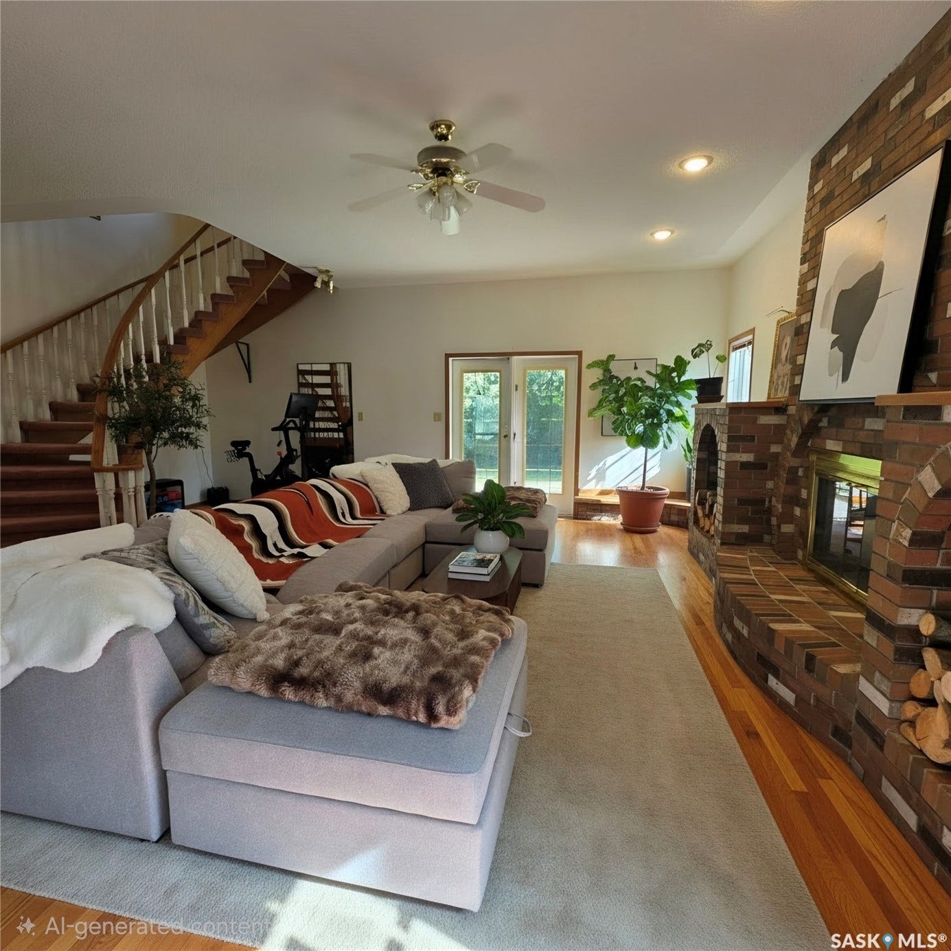 Brick fireplace with a hearth, wood-finish flooring, recessed lighting, ceiling fan, and double glass doors
