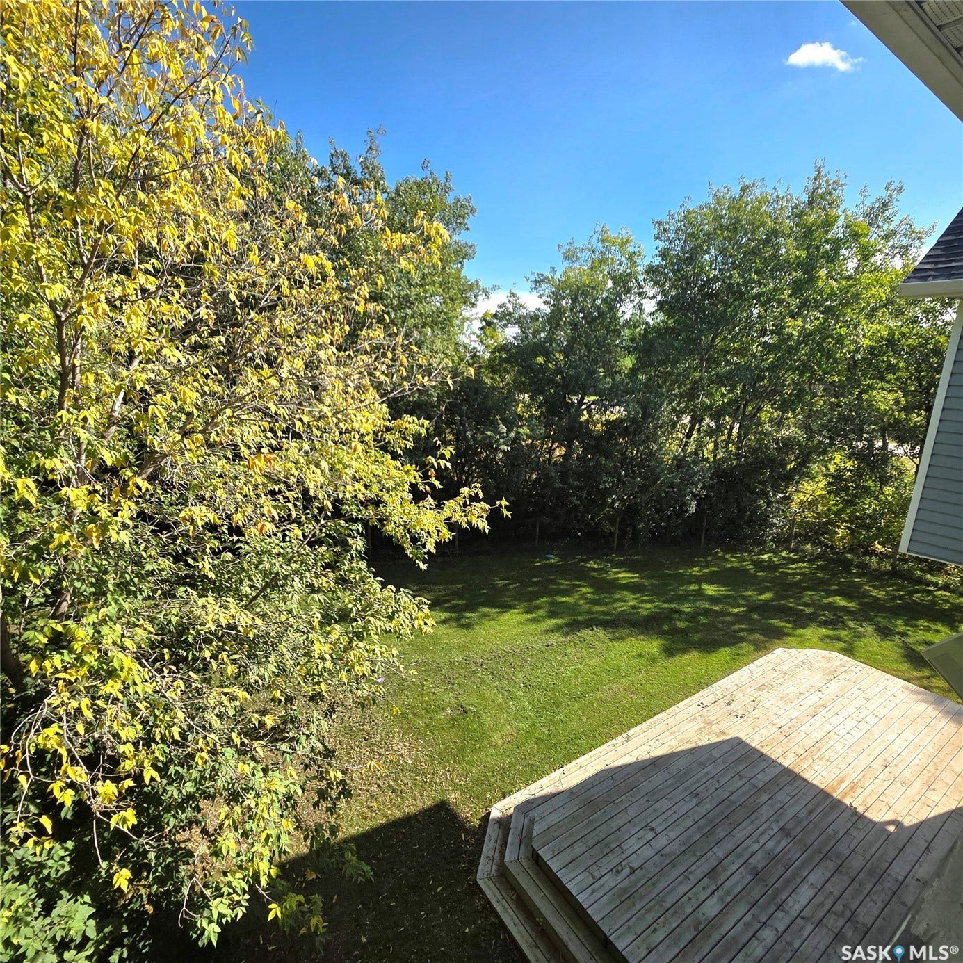 Expansive green lawn with mature trees and a multi-tiered wood deck