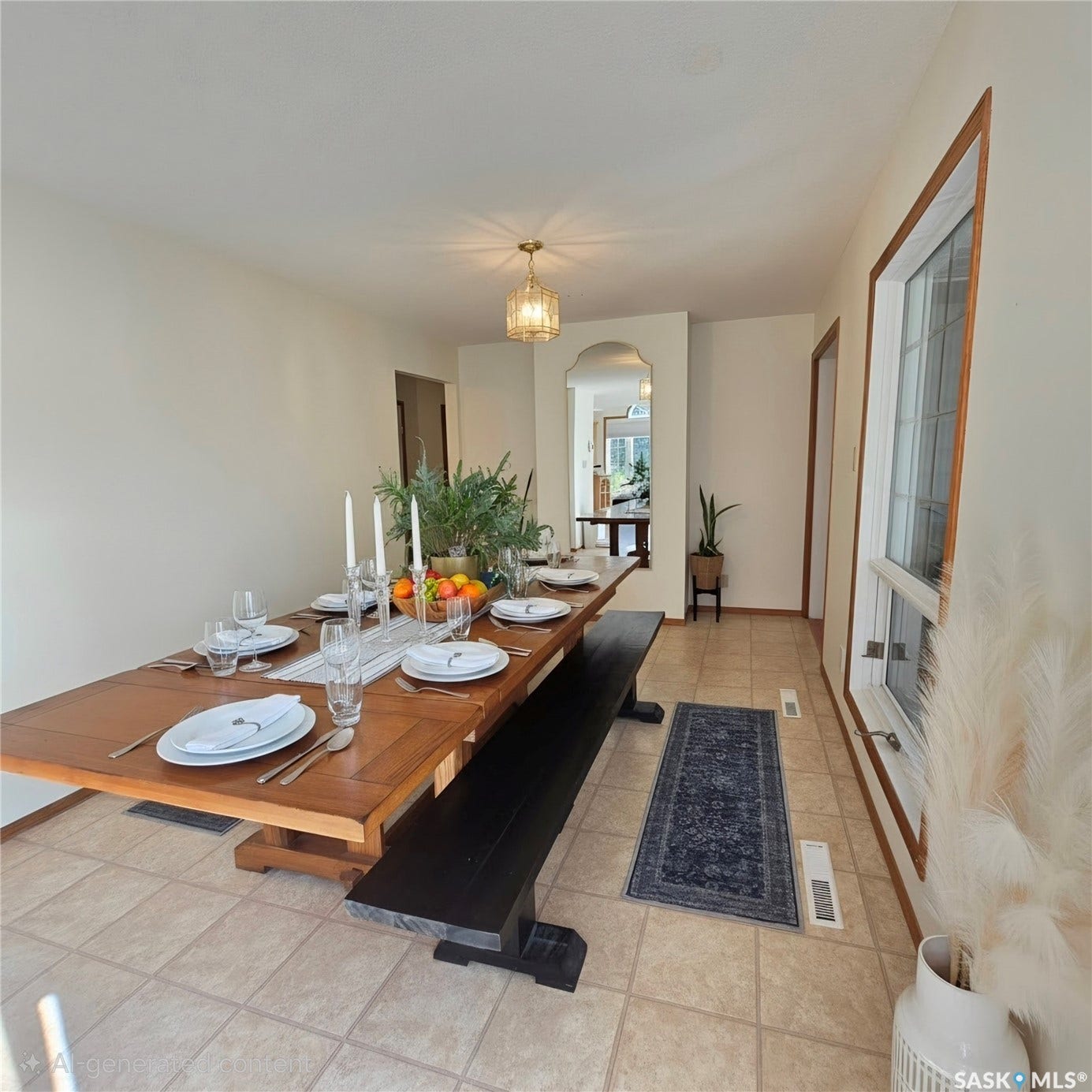 Recessed archway with a built-in mirror, tiled flooring, and a large window with wood trim