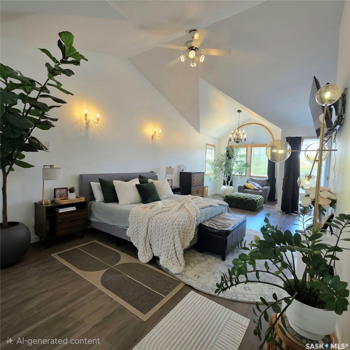 Vaulted ceilings, wood-finish flooring, two sconce wall lights, and a ceiling fan with integrated lighting