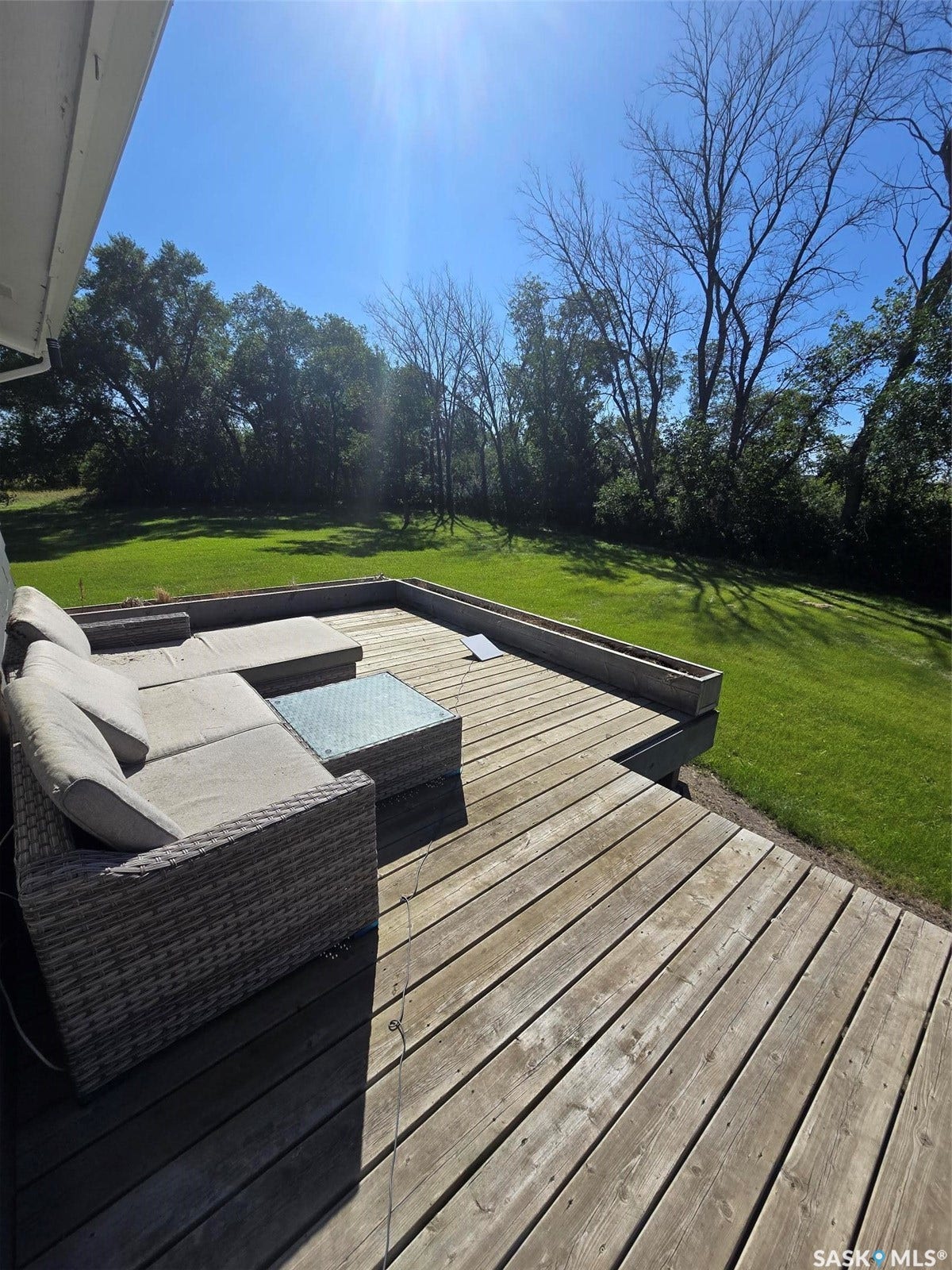 Expansive wood deck with an integrated planter, bordered by a large grassy area and mature trees