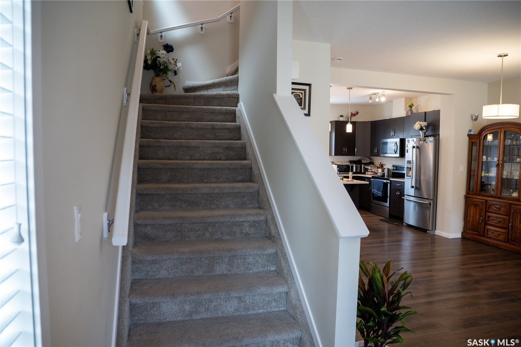 Carpeted staircase with white railing, wood-finish flooring, and a kitchen featuring dark cabinetry and stainless steel appliances
