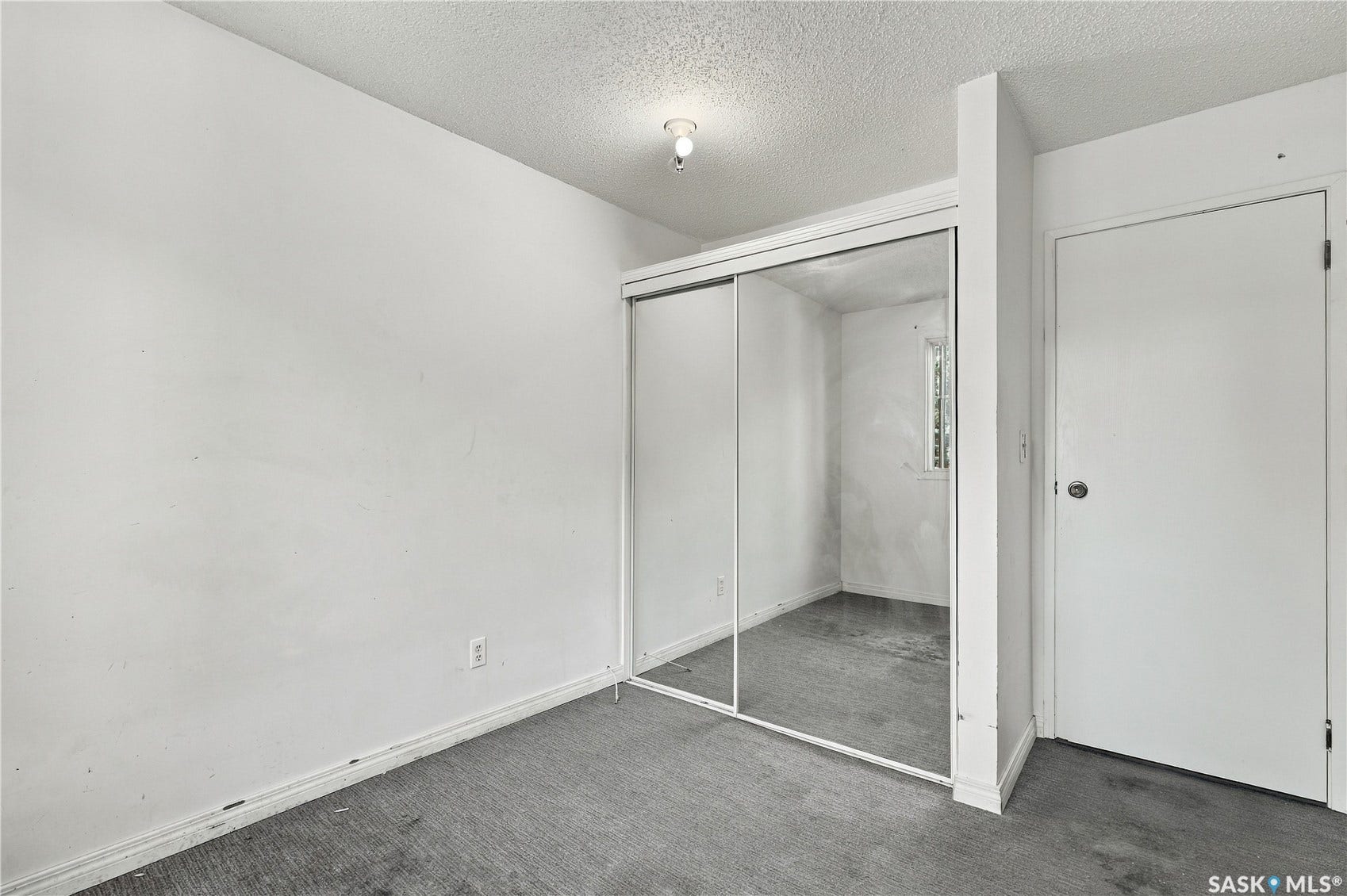 Mirrored sliding closet doors with an adjacent white door, carpeted flooring, and a ceiling-mounted light fixture