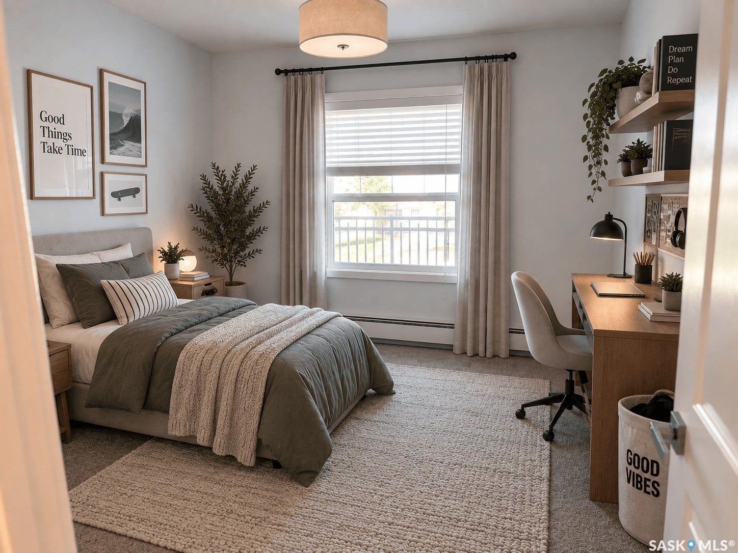 Wall-to-wall carpeting and a large window with blinds and drapes