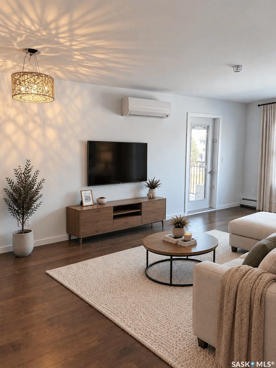 Wood-finish flooring, white walls, and a glass-paneled door