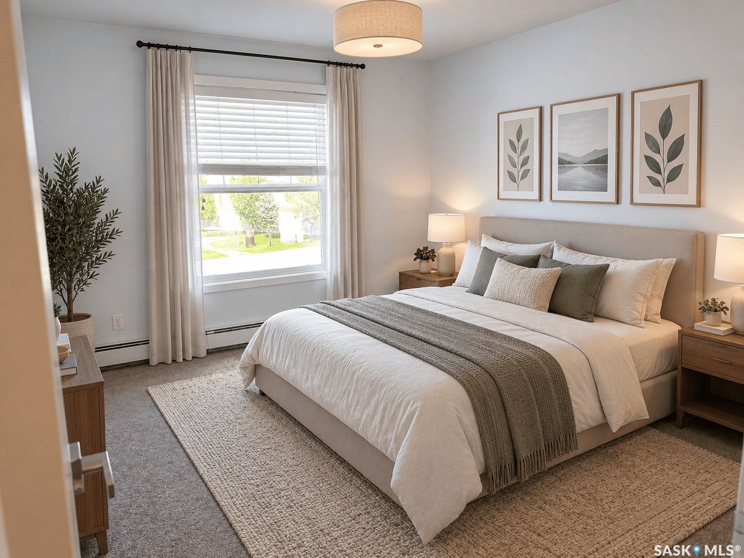 Light-filled room featuring a large window with blinds, a drum ceiling light fixture, a padded headboard, and wood-finish nightstands
