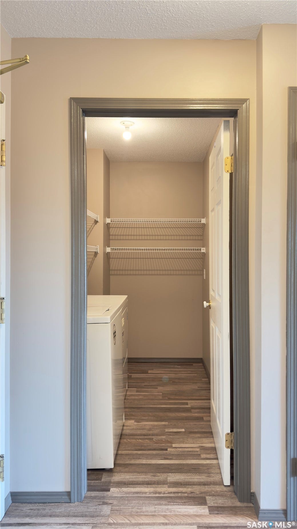 Dedicated laundry area with wood-finish flooring, overhead lighting, and wire shelving