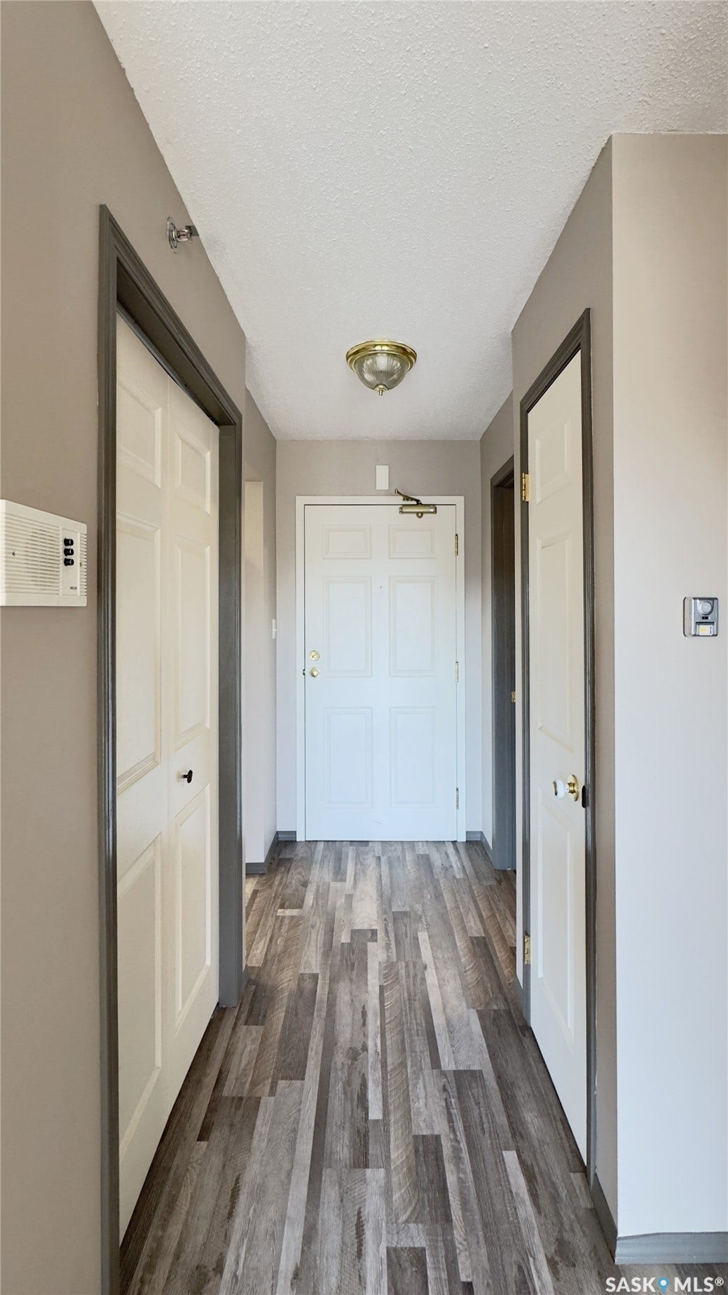 Wood-finish flooring, paneled doors, and a brass-finish ceiling light fixture