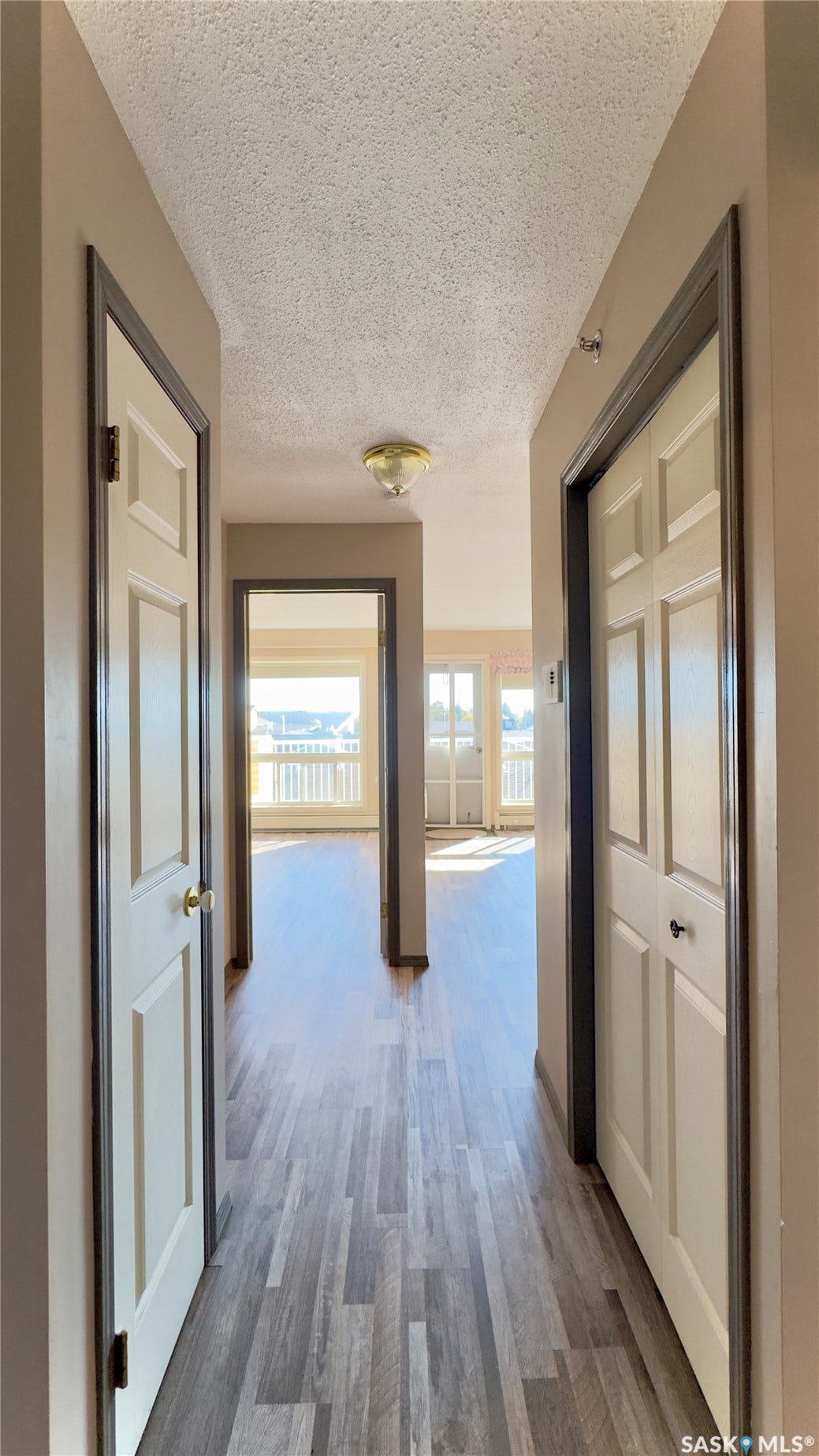 Hallway featuring wood-finish flooring, paneled doors, and a ceiling-mounted light fixture