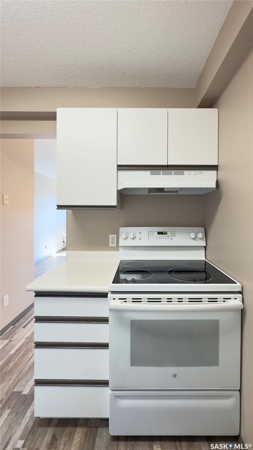 White kitchen cabinetry with dark pulls, white countertop, and wood-finish flooring