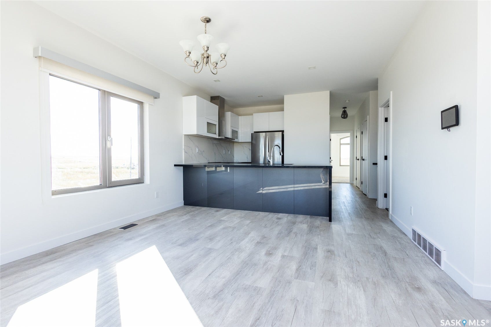 Open-concept living area with light wood-finish flooring