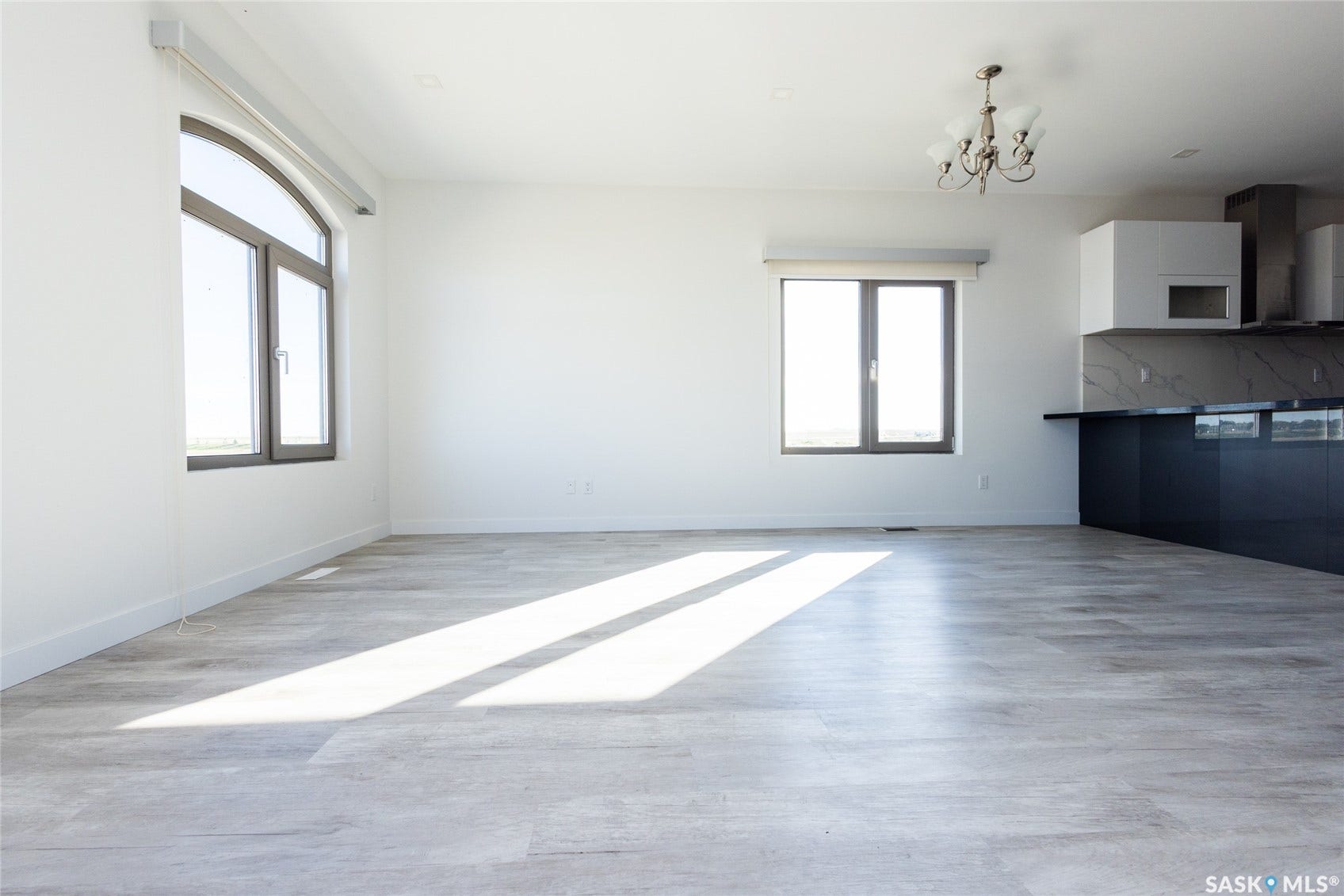 Spacious room featuring light-toned wood-finish flooring, white walls, an arched window, and a modern kitchen island with dark cabinetry
