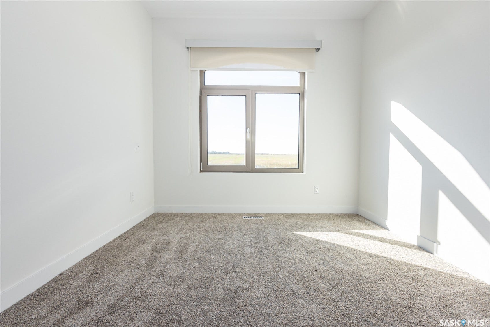 Neutral-toned carpeting, white walls, and a large window with a roller shade