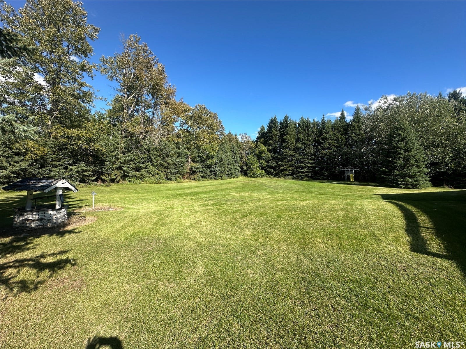 Expansive grassy area featuring mature evergreen trees and a decorative stone well with a shingled roof
