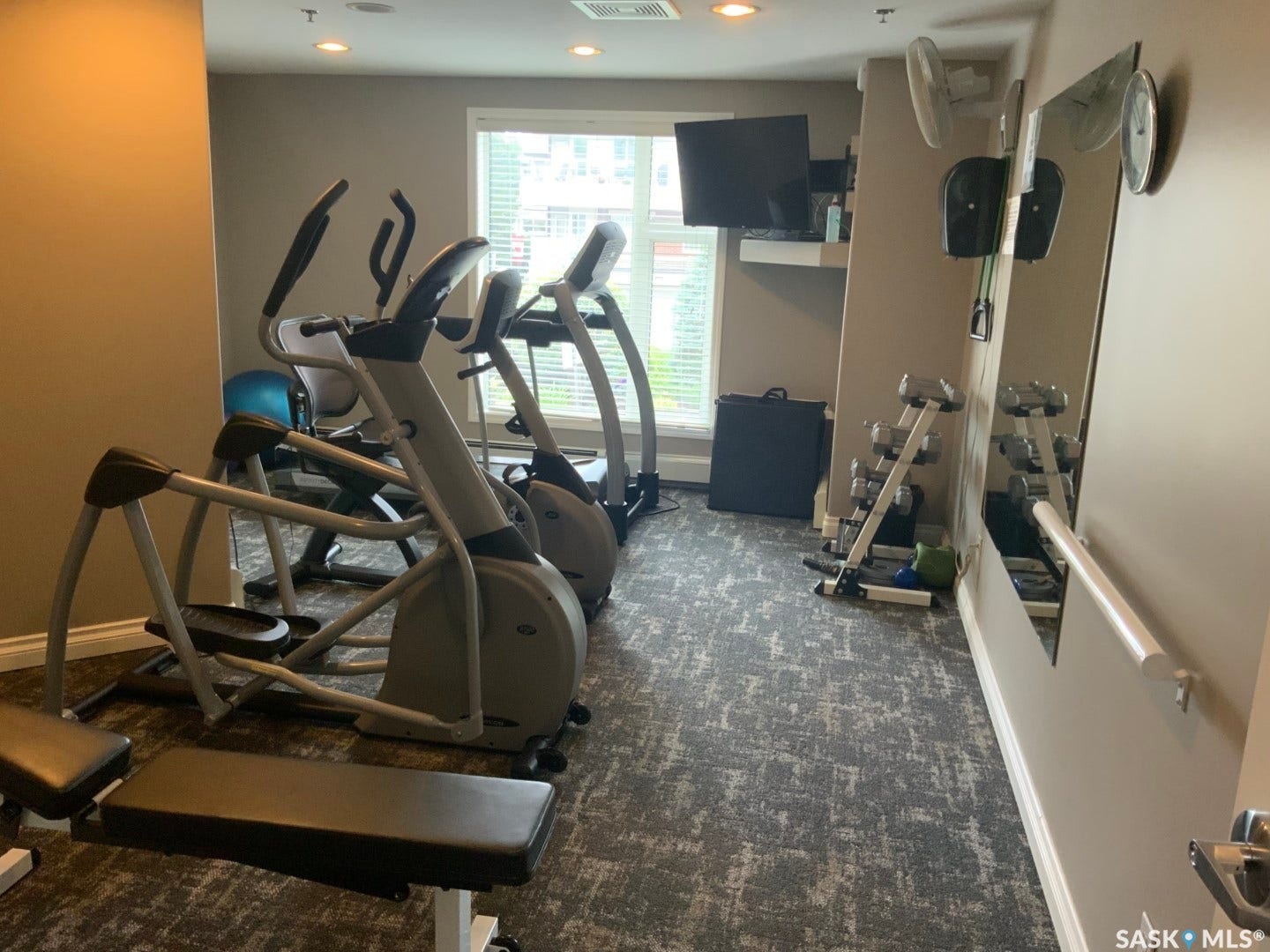 Fitness area featuring patterned carpeting, recessed lighting, and a large wall-mounted mirror