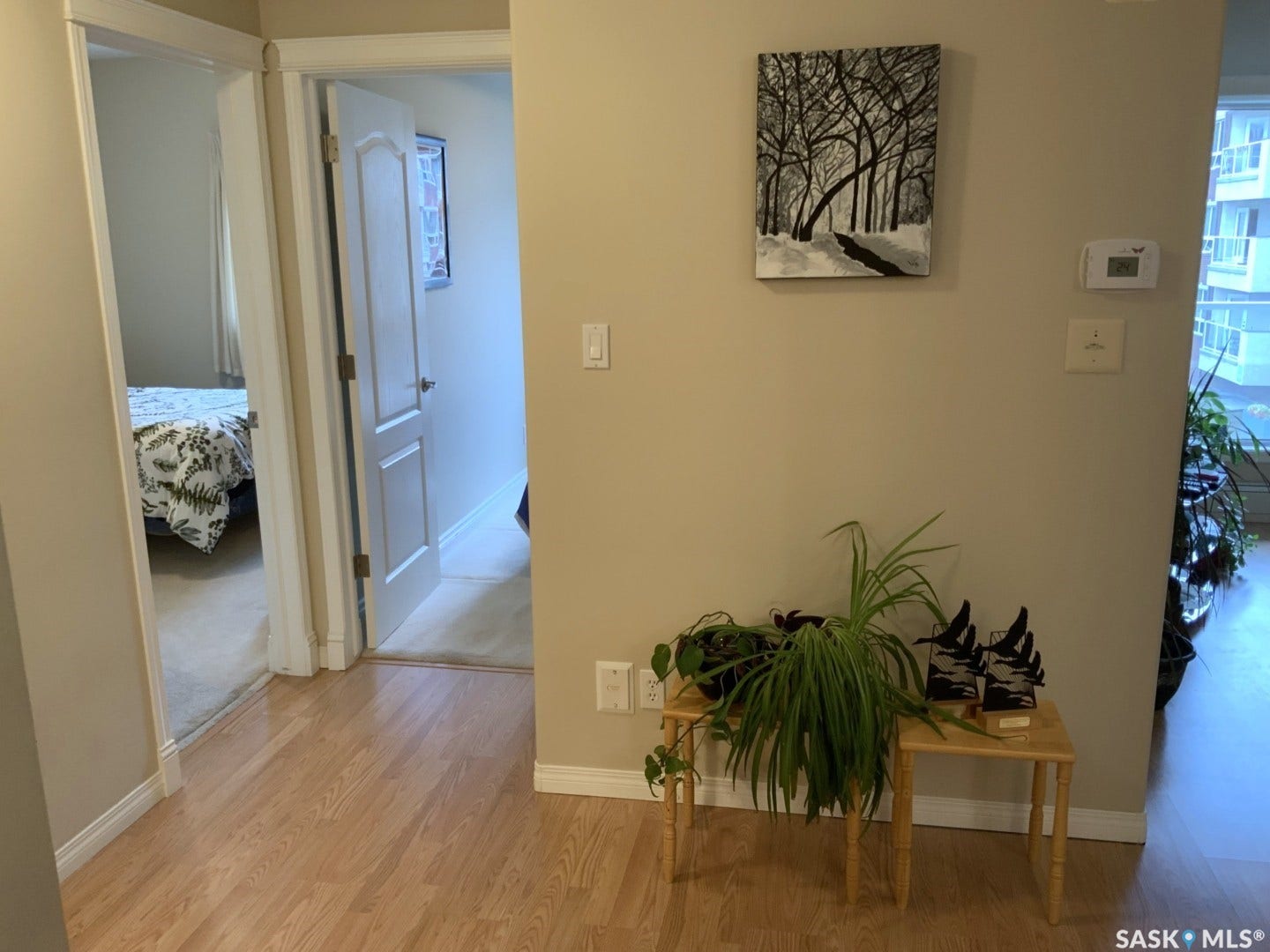 Wood-finish flooring throughout the main hallway, leading to rooms with carpeted floors