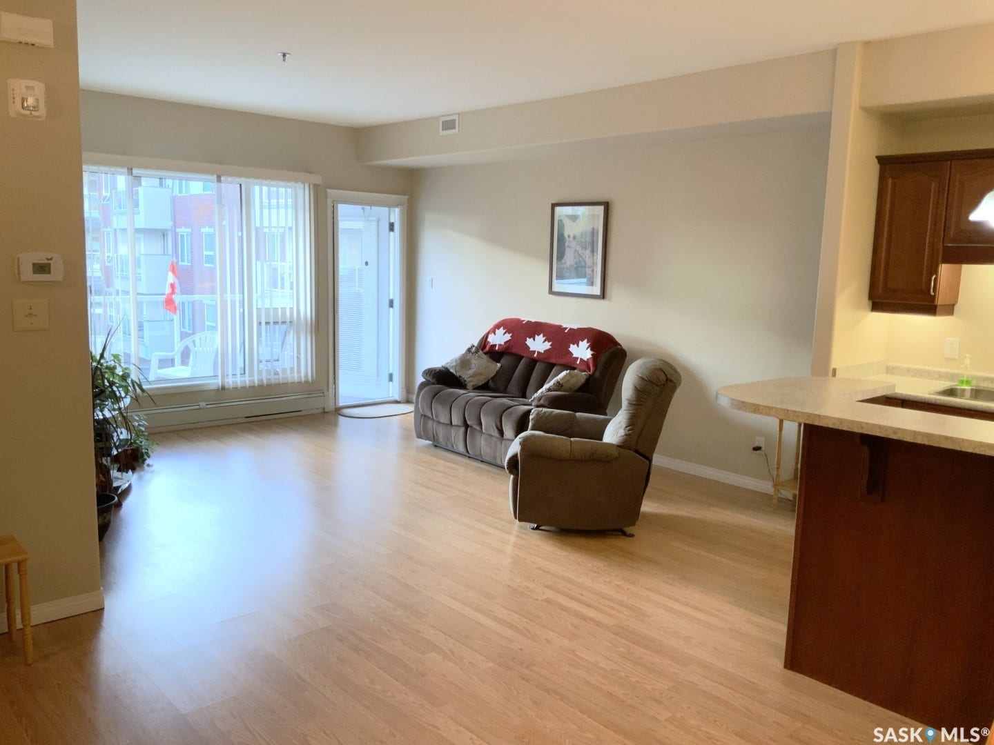 Wood-finish flooring, full-height glass doors, and a built-in kitchen peninsula with a light-toned countertop