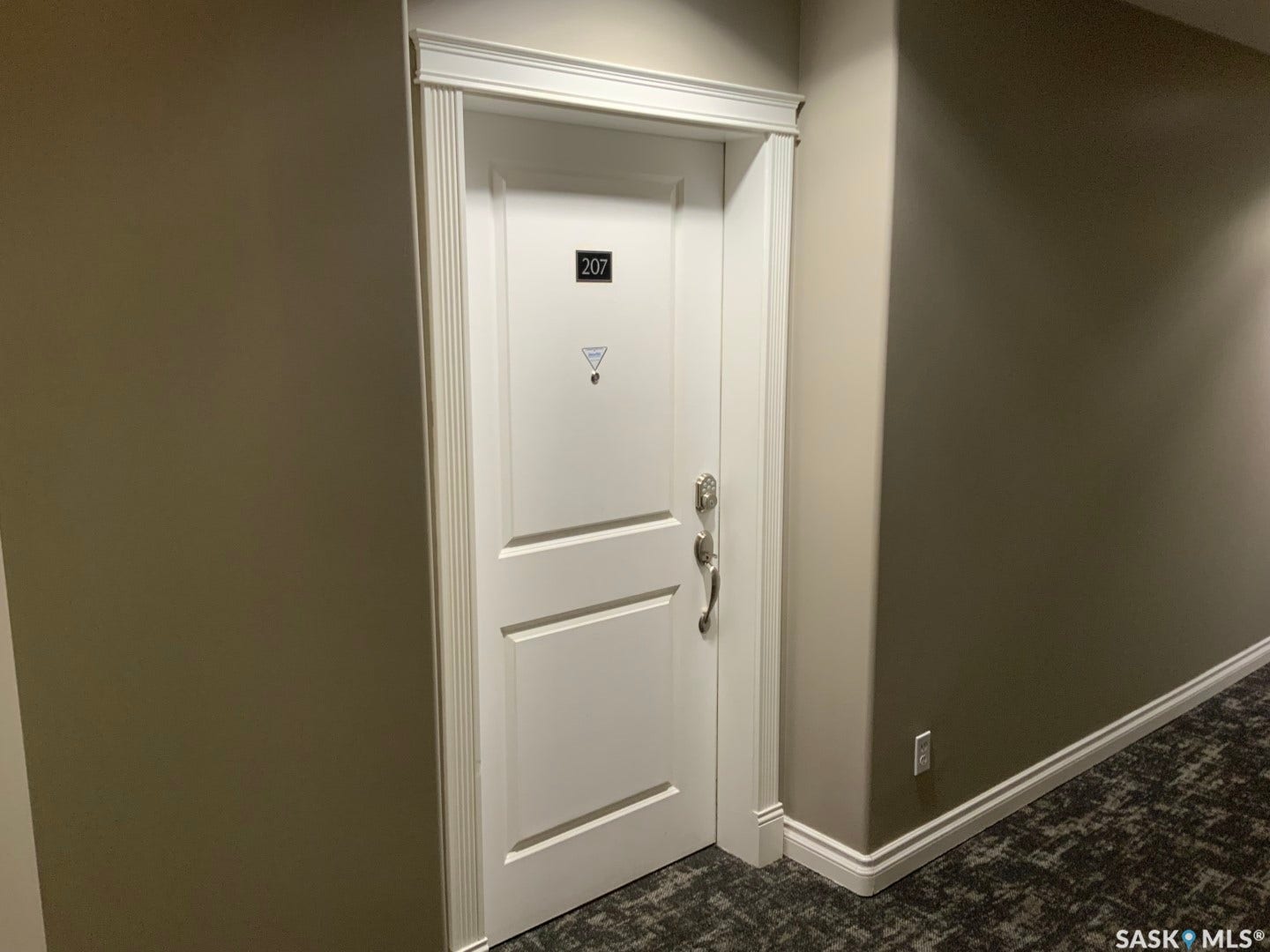 White paneled door with polished hardware, contrasting wall paint, and patterned carpet flooring